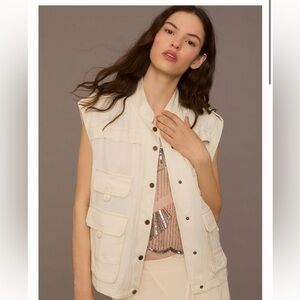Anthropologie Cream Silky Utility Sleeveless Vest Size Small